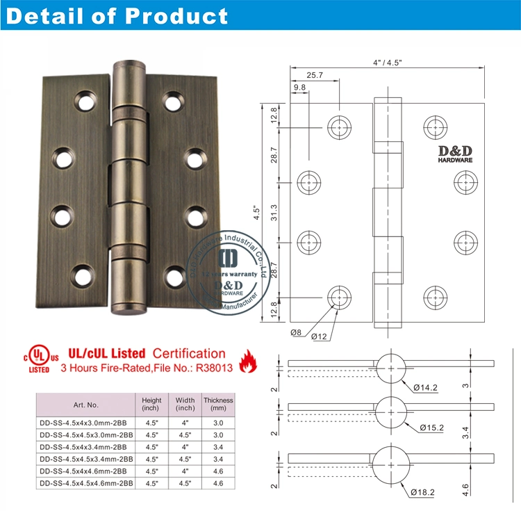 Stainless Steel 304 UL ANSI Black Butt Furniture Hardware Hinge Heavy Duty Types Silver Security Pivot Ball Bearing Commercial Metal Door Hinge